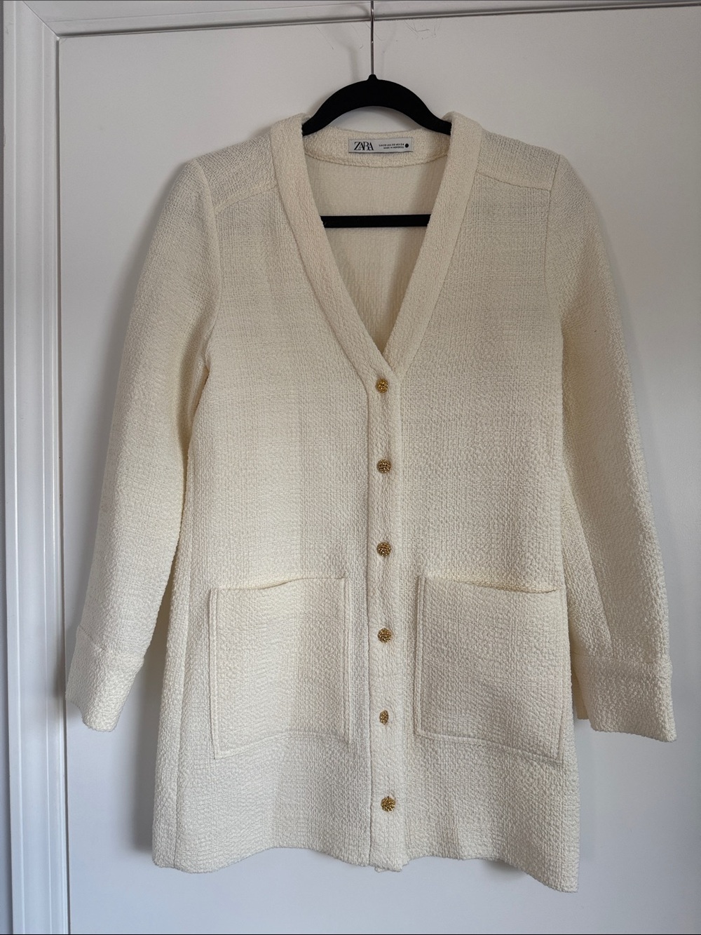 Zara Cream Textured Tweed V-Neck Gold Button Cardigan Minidress